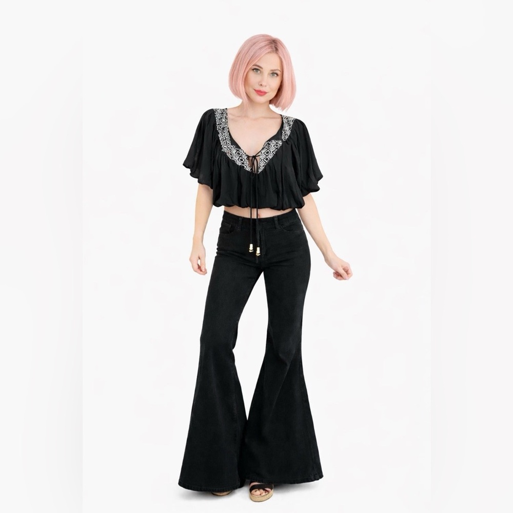Retro BohoPeasant Blouson Crop Top hippy Blouse - Picture 3 of 9
